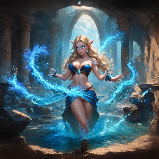 Prompt: Fantasy art of a beautiful curvaceous tan elf mage, long wavy hair made of flowing waters, glowing blue eyes radiating power, adorned in vibrant robes made of swirling waters. In an epic cinematic action scene, she conjures water magic from her hands, casting dynamic spells. The background reveals a magical battlefield filled with ethereal lights and ancient ruins, creating a sense of intense conflict, vivid colors, and breathtaking detail, showcasing a high-quality, ultra-detailed masterpiece.