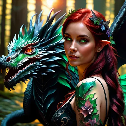 Prompt: Female fairy with dragon tattoos, messy red hair, green eyes, petting a large dragon, magic forest, revealing torn black dress, 8k upscaling, high fantasy art, super detailed, intricate line work, dynamic shadows, fairy wings, magical atmosphere, enchanted forest, detailed scales, mystical, intricate tattoos, fantasy, vibrant colors, ethereal lighting
