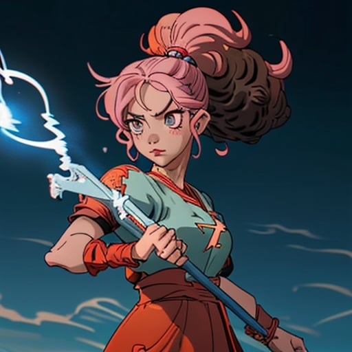 Prompt: Make me an anime character that wields a fire spear. Also with mixed skin color and a curly haired pony tail. with a pet baby lightning dragon.