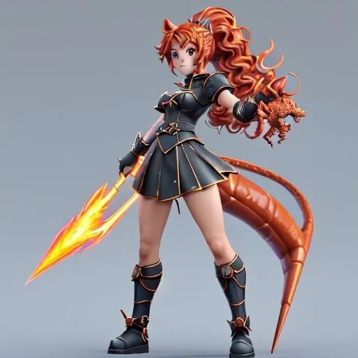 Prompt: Make me an anime character that wields a fire spear. Also with mixed skin color and a curly haired pony tail. with a pet baby lightning dragon.