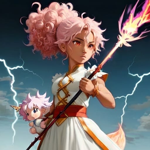 Prompt: Make me an anime character that wields a fire spear. Also with mixed skin color and a curly haired pony tail. with a pet baby lightning dragon.