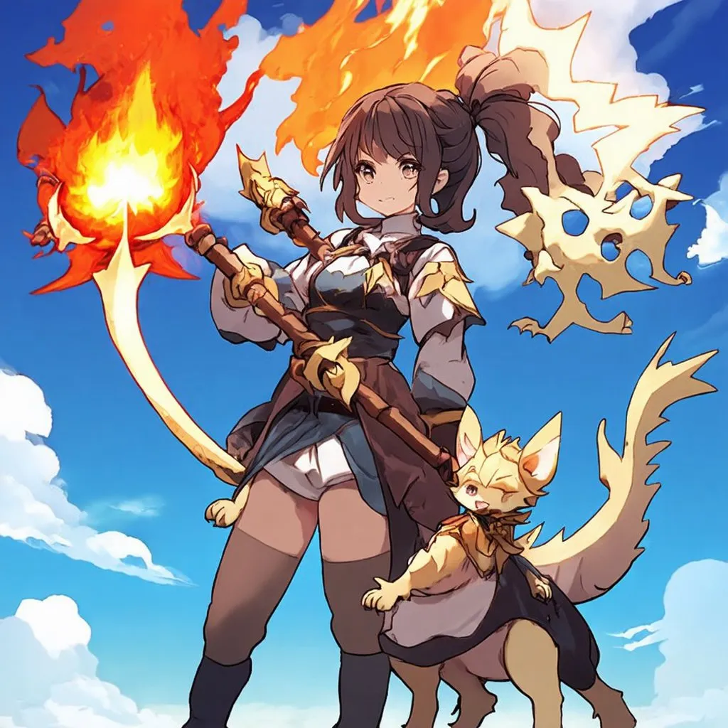 Prompt: Make me an anime character that wields a fire spear. Also with mixed skin color and a curly haired pony tail. with a pet baby lightning dragon.