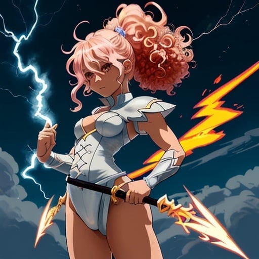 Prompt: Make me an anime character that wields a fire spear. Also with mixed skin color and a curly haired pony tail. with a pet baby lightning dragon.