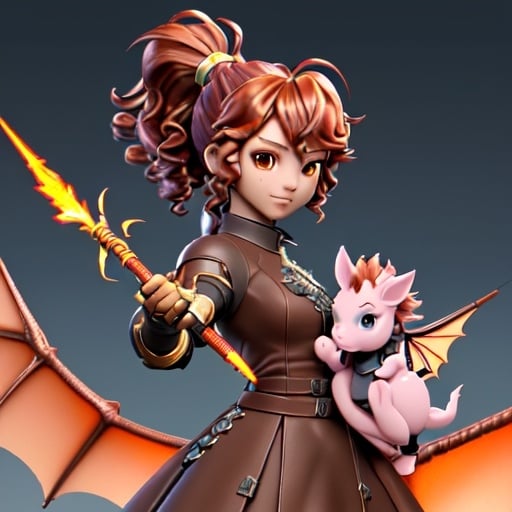 Prompt: Make me an anime character that wields a fire spear. Also with mixed skin color and a curly haired pony tail. with a pet baby lightning dragon.