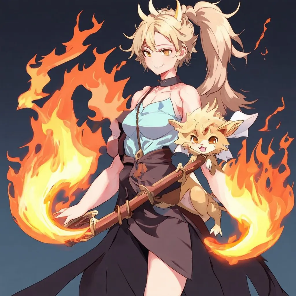 Prompt: Make me an anime character that wields a fire spear. Also with mixed skin color and a curly haired pony tail. with a pet baby lightning dragon.