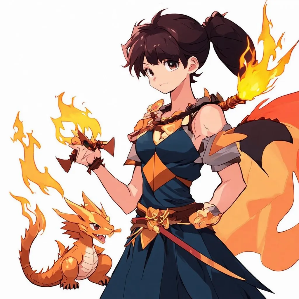 Prompt: Make me an anime character that wields a fire spear. Also with mixed skin color and a curly haired pony tail. with a pet baby lightning dragon.