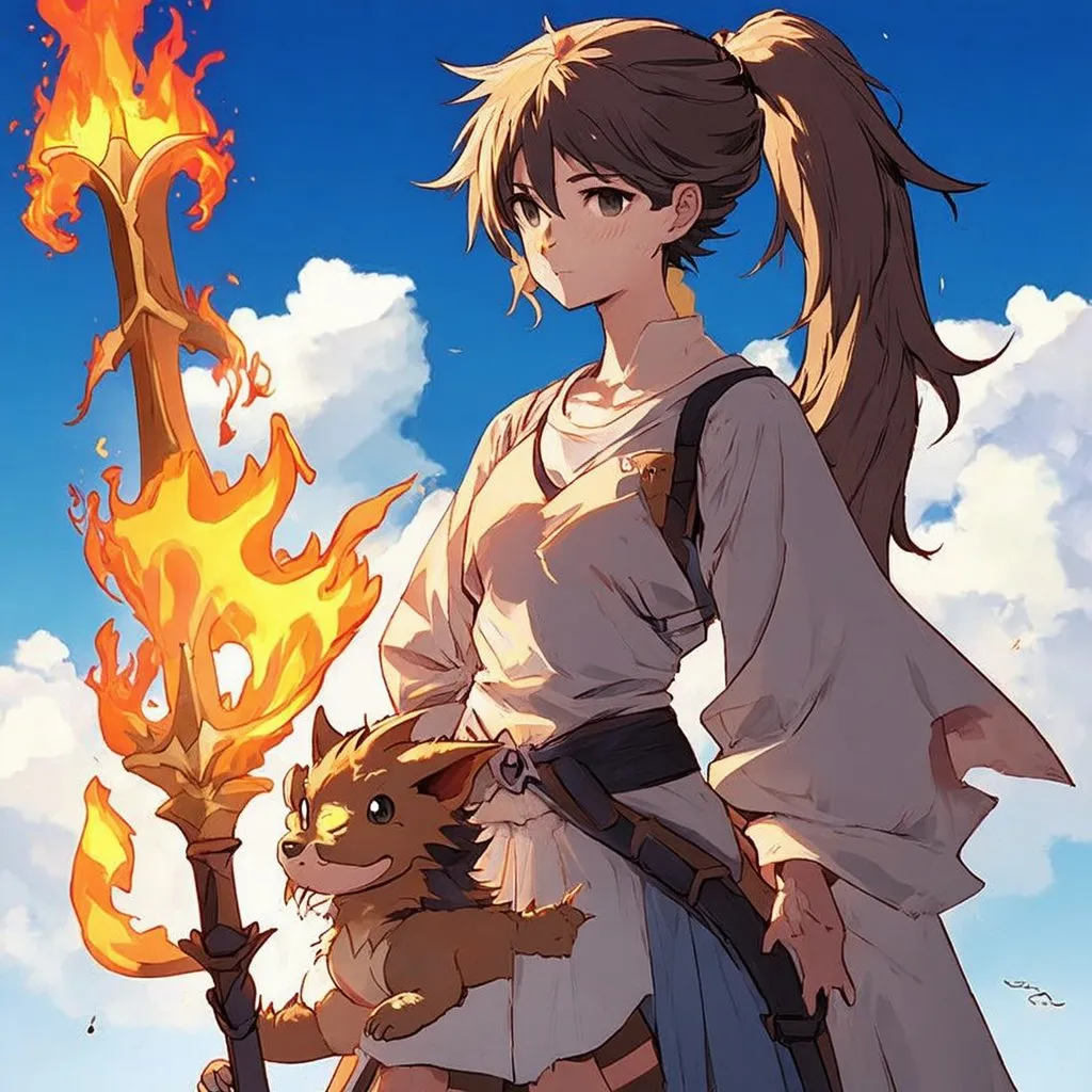 Prompt: Make me an anime character that wields a fire spear. Also with mixed skin color and a curly haired pony tail. with a pet baby lightning dragon.