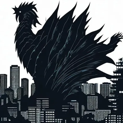 Prompt: anime rooster silhouette with Godzilla body destroying tokyo