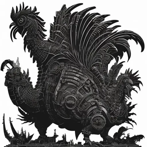 Prompt: steampunk rooster silhouette with Godzilla body destroying tokyo