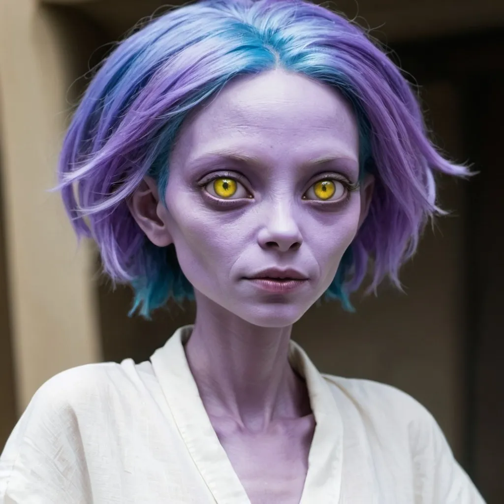 Prompt: A Female Purple and Violet Colored Humanoid Alien with Blue Hair, Yellow Eyes, Wearing a White Linen Cloth.