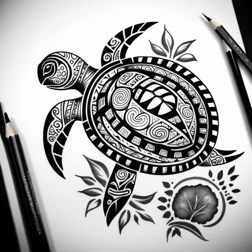 Prompt: Easy Tribal pattern tattoo with turtle and nature  pencil sketch