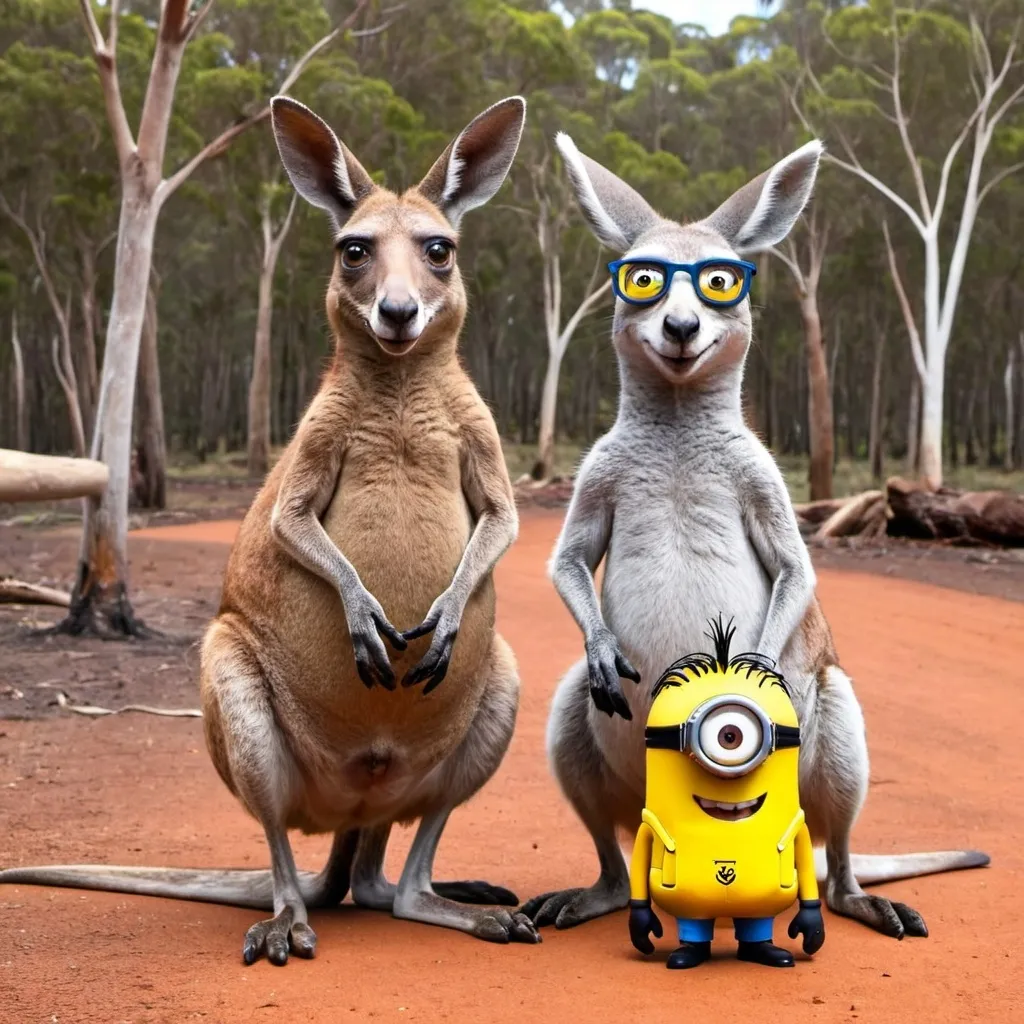 Prompt: 2 kangaroos and a minion 