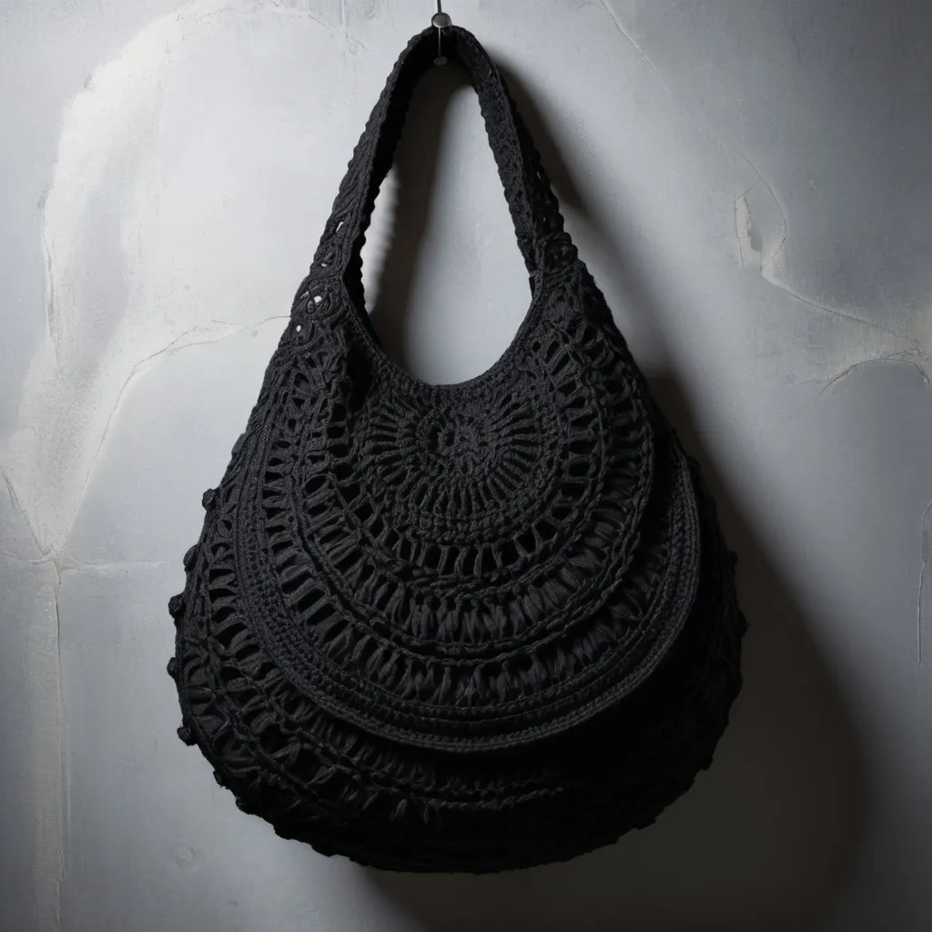 Prompt: A grunge avant garde black crochet bag
