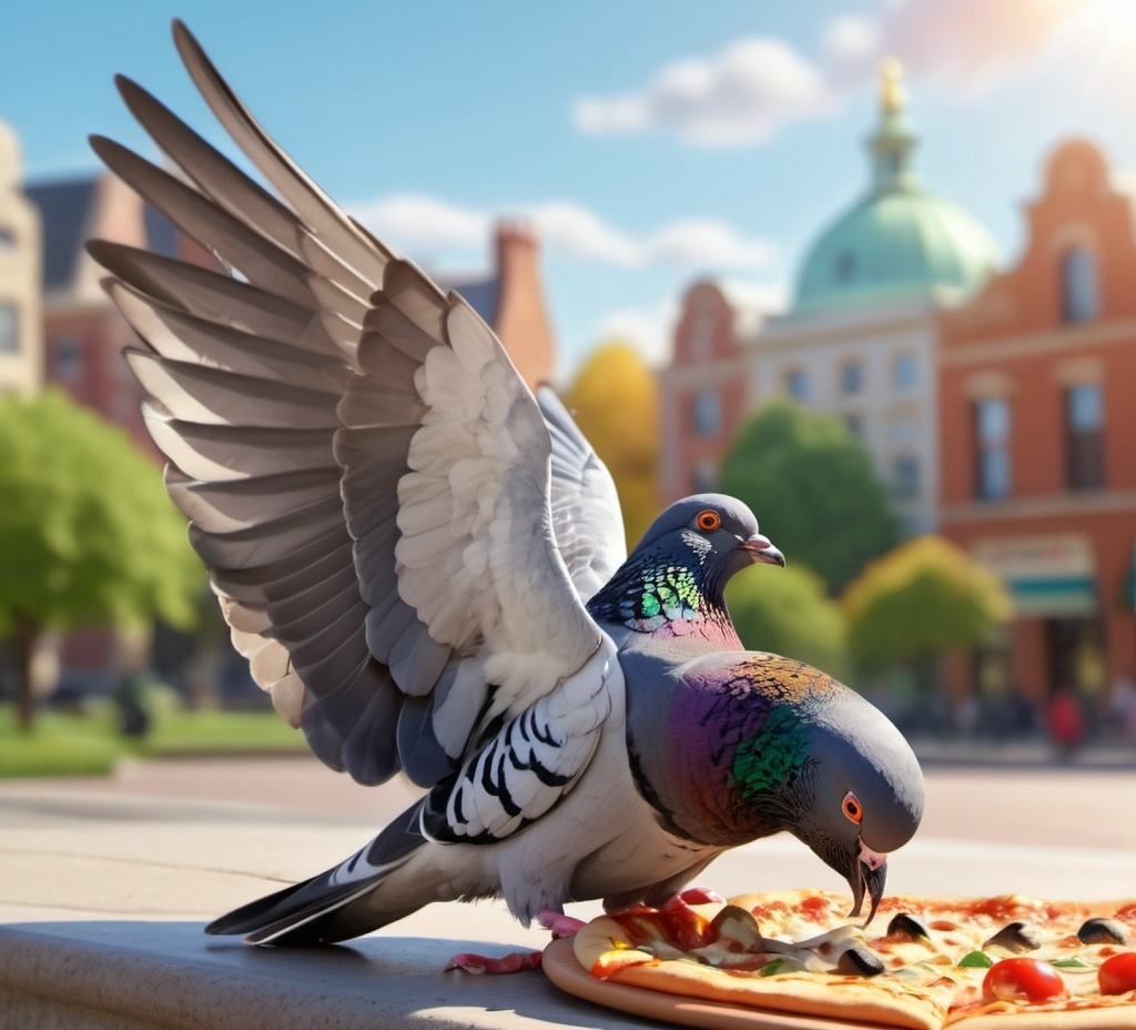 Prompt: a pigeon eating a pizza 