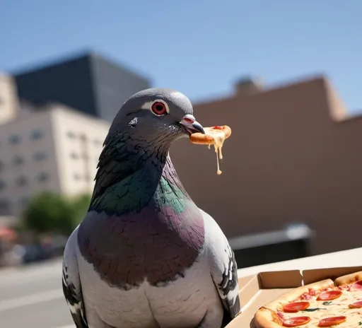 Prompt: a pigeon eating a pizza 