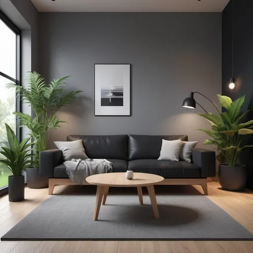 Prompt: Generate an ultra-realistic 3D rendering of a small minimalist style illuminated living room. With wooden furniture, with plants, dark gray floor, black sofa. Capture a serene atmosphere with subtle lighting and emphasize clean lines and simplicity in design.