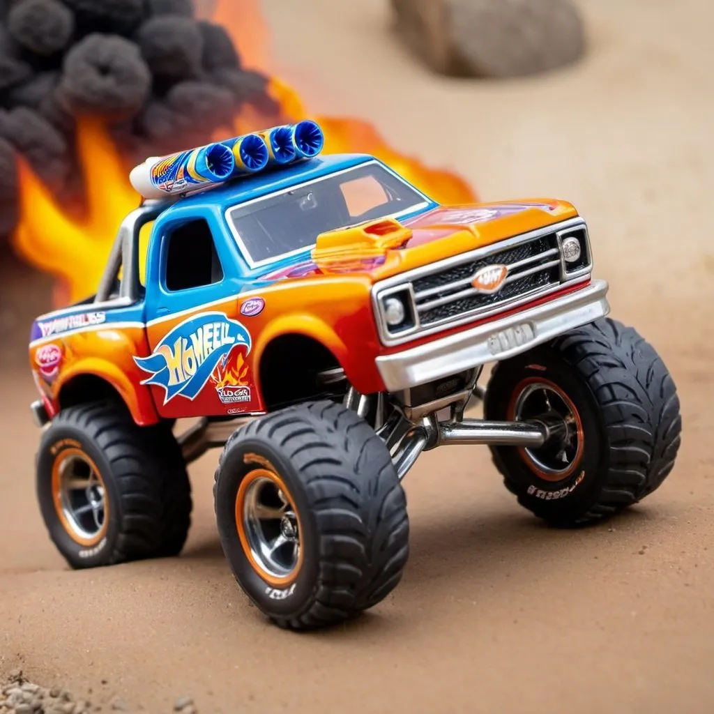 Prompt: Create a race with a Hot Wheels team car baja truck in a fire track.