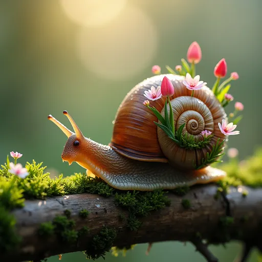 Prompt: A slow-moving snail with a spiral shell, but instead of a normal shell, its back holds a blooming garden—tiny tulips, daisies, and cherry blossoms growing from moss. It crawls over a wooden branch with dew, early spring light shining through the flowers. Macro fantasy surreal style