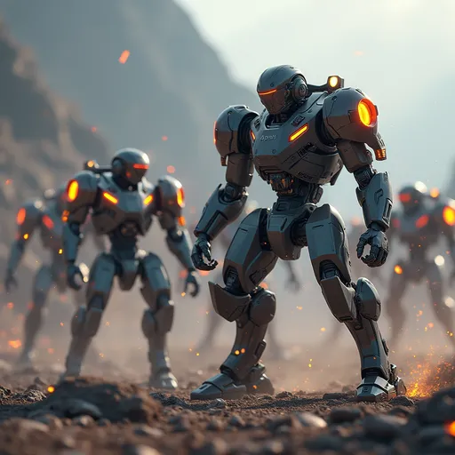 Prompt: "A group of hyper-realistic, advanced war robots engaging in combat, with AI-controlled movements and energy shields glowing