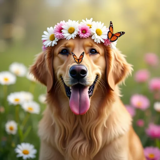 Prompt: A smiling golden retriever  wearing a handmade flower crown of daisies and cherry blossoms. Surrounded by soft-focus spring flowers in a garden, with a butterfly gently landing on its nose. Photorealistic macro pet portrait, sunny spring vibe