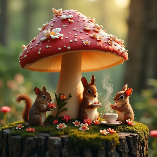 Prompt: A whimsical woodland café built from a giant red mushroom cap, with tiny animals like squirrels, rabbits, and hedgehogs sipping tea from flower petal cups. Soft golden hour light, dreamy enchanted forest setting, photorealistic fantasy scene. Macro style with magical lighting and rich earthy textures