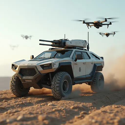 Prompt: A hyper-realistic autonomous vehicle in a combat zone, with AI-controlled navigation, drones flying overhead, and advanced military tec
