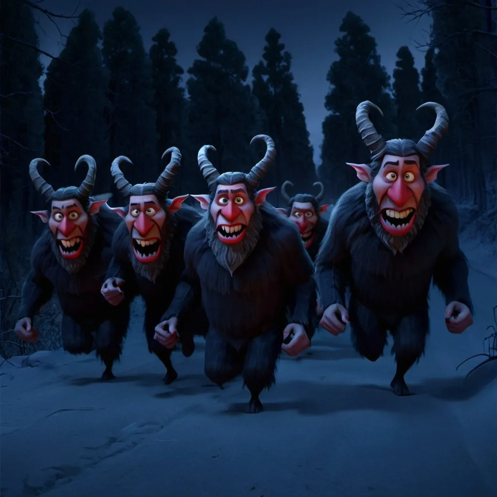 Prompt: a group of krampus running through the forest at night.