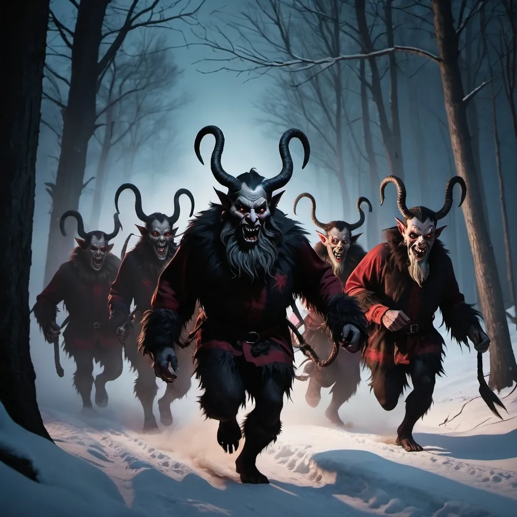 Prompt: a pack of Krampus running through the forest at night