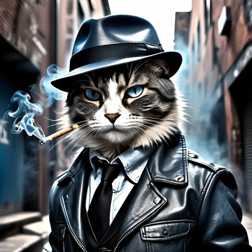 Prompt: gangster cat (smoking a cigarette), stylish fedora hat, sleek leather jacket, gritty urban alley backdrop, cool blue and gray tones, moody and rebellious ambiance, ultra-detailed, whiskers twitching with cool attitude, smoke swirling dramatically, shadowy surroundings, capturing the essence of street life in a vibrant yet edgy style.