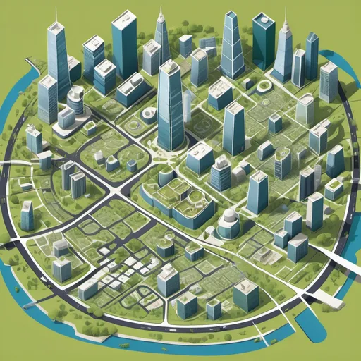 Prompt: An illustrated top-down view of a cityscape, featuring a mix of terrains and schematic buildings. The city layout includes clearly defined streets, green parks, industrial zones, residential areas, and modern skyscrapers. Buildings are shown in a simplified, geometric, and schematic style, with a clean and organized appearance. The terrain includes patches of grass, water bodies, and construction sites, blending seamlessly with the urban environment. Use a professional, modern color palette with shades of blue, gray, green, and beige. The overall style should feel clean, detailed, and visually appealing, resembling an architectural or urban planning map