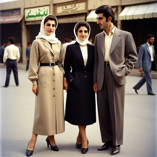 Prompt: Modern Iranian fashion couples with classic style hair in the old days in Tehran with attractive and classic shoes and clothes in the capital of Iran during the Pahlavi era.