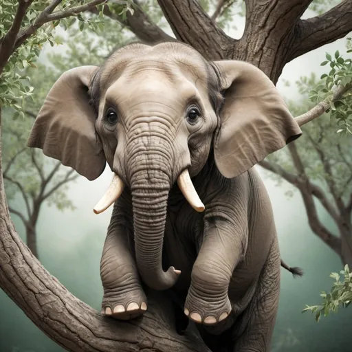 Prompt: Make believe Elephant hiding up  in the branches of a tree