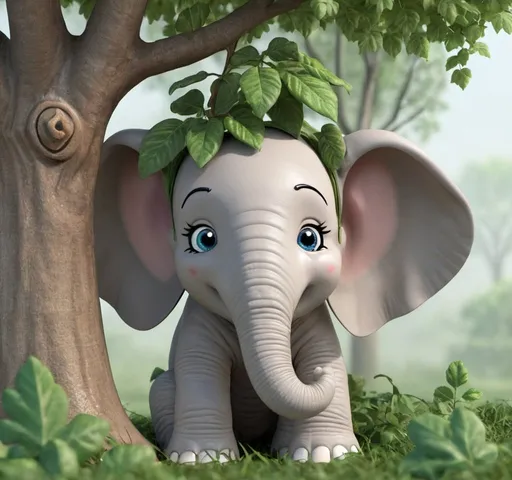 Prompt: Make believe Elephant hiding up  a tree in the leaves 
