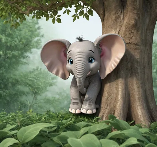 Prompt: Make believe Elephant hiding up  a tree in the leaves 
