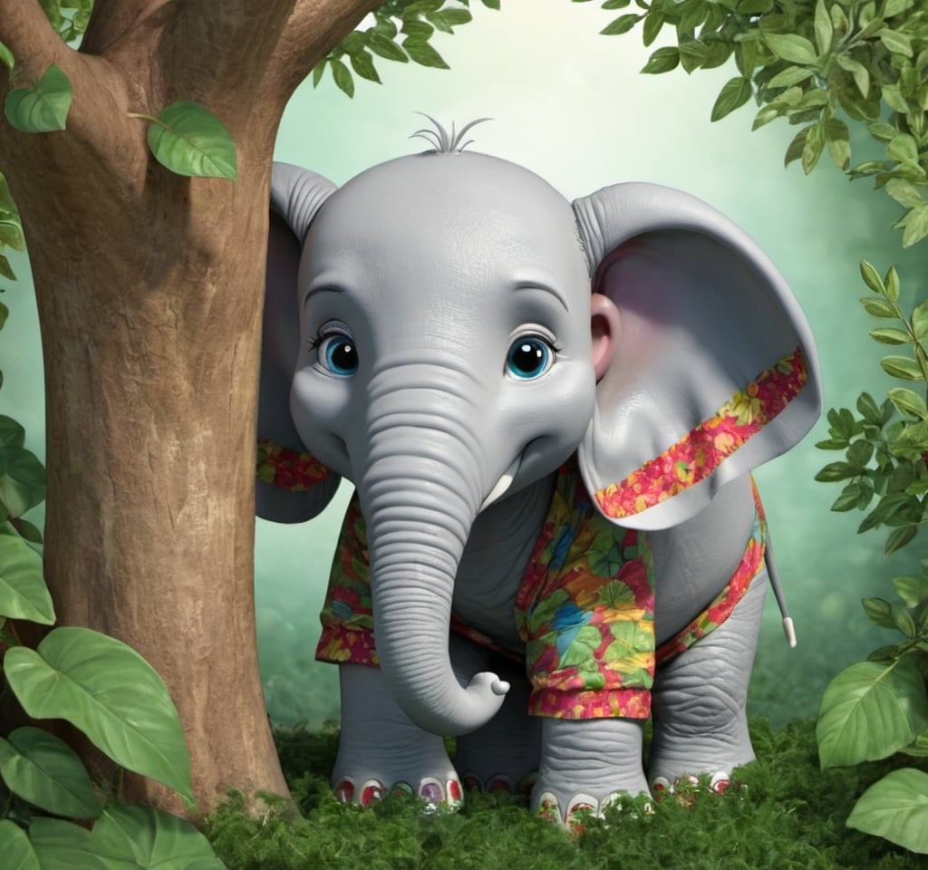 Prompt: Make believe Elephant hiding up  a tree in the leaves 