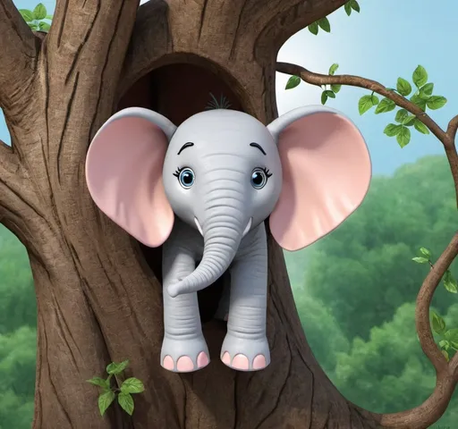 Prompt: Make believe Elephant in a tree hiding