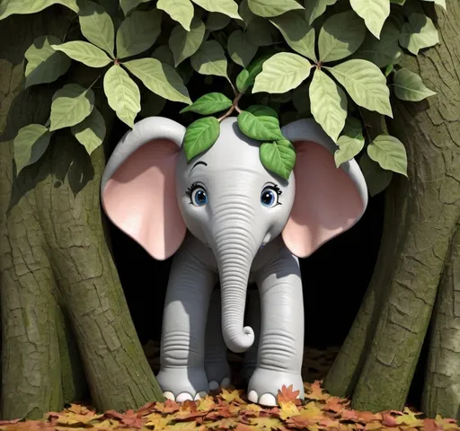 Prompt: Make believe Elephant hiding up  in the leaves of a tree