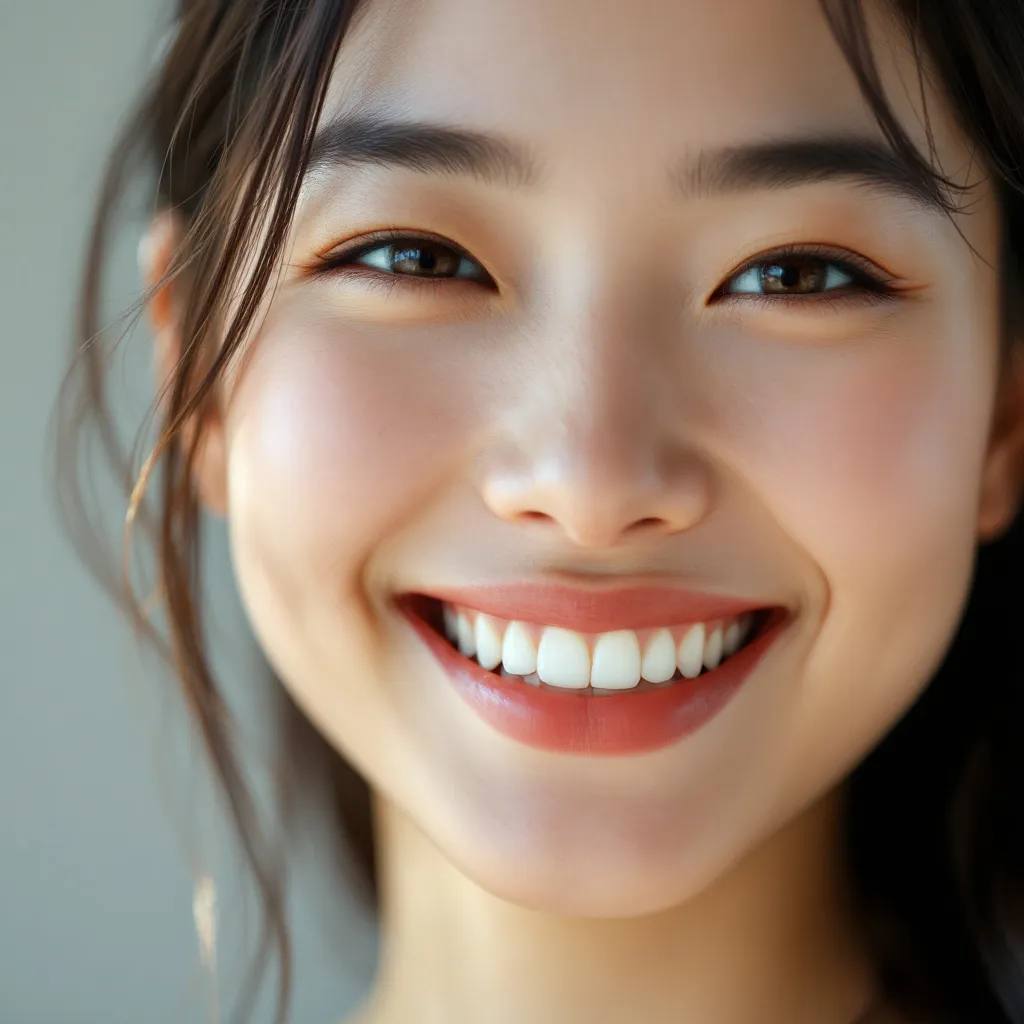 Prompt: Generate a highly realistic AI image of a 27-year-old woman of Asian descent. She has a warm, friendly expression with a bright smile that reveals her teeth. Her eyes are slightly squinted, enhancing her cheerful and inviting look. Her skin is smooth and light in complexion. Her well-shaped, naturally arched eyebrows complement her expressive eyes. She has a slightly rounded face with soft, delicate features. Her nose is small and proportionate, while her full, curved lips add to her charm. Her dark, straight hair is styled in a medium-length bob, naturally framing her face. She radiates happiness and an approachable energy.