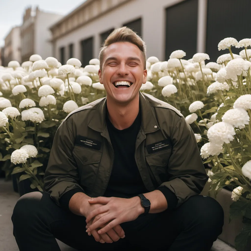 Prompt: A man wearing army green and black 
clothes, sitting between white flowers and the sun is on top and he is looking at the camera and laughing