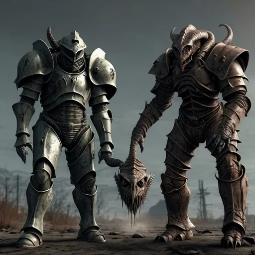 Prompt: Power armor Knight fighting a Dethclaw in the fallout wasteland with a number 13 etched on his armor. 