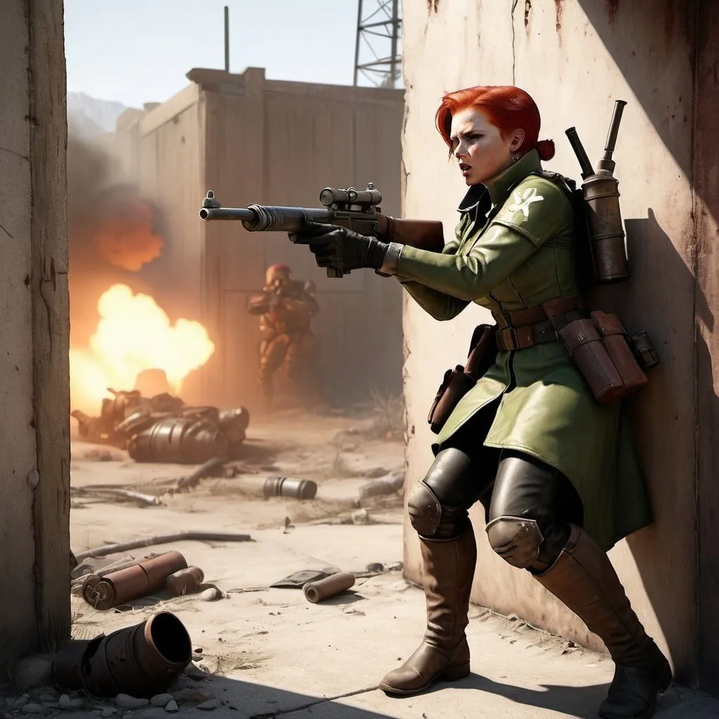 Prompt: Fallout NCR Ranger on a batlefield taking cover behind wall under heavy fire. Defending a redhead female damsel in distress.