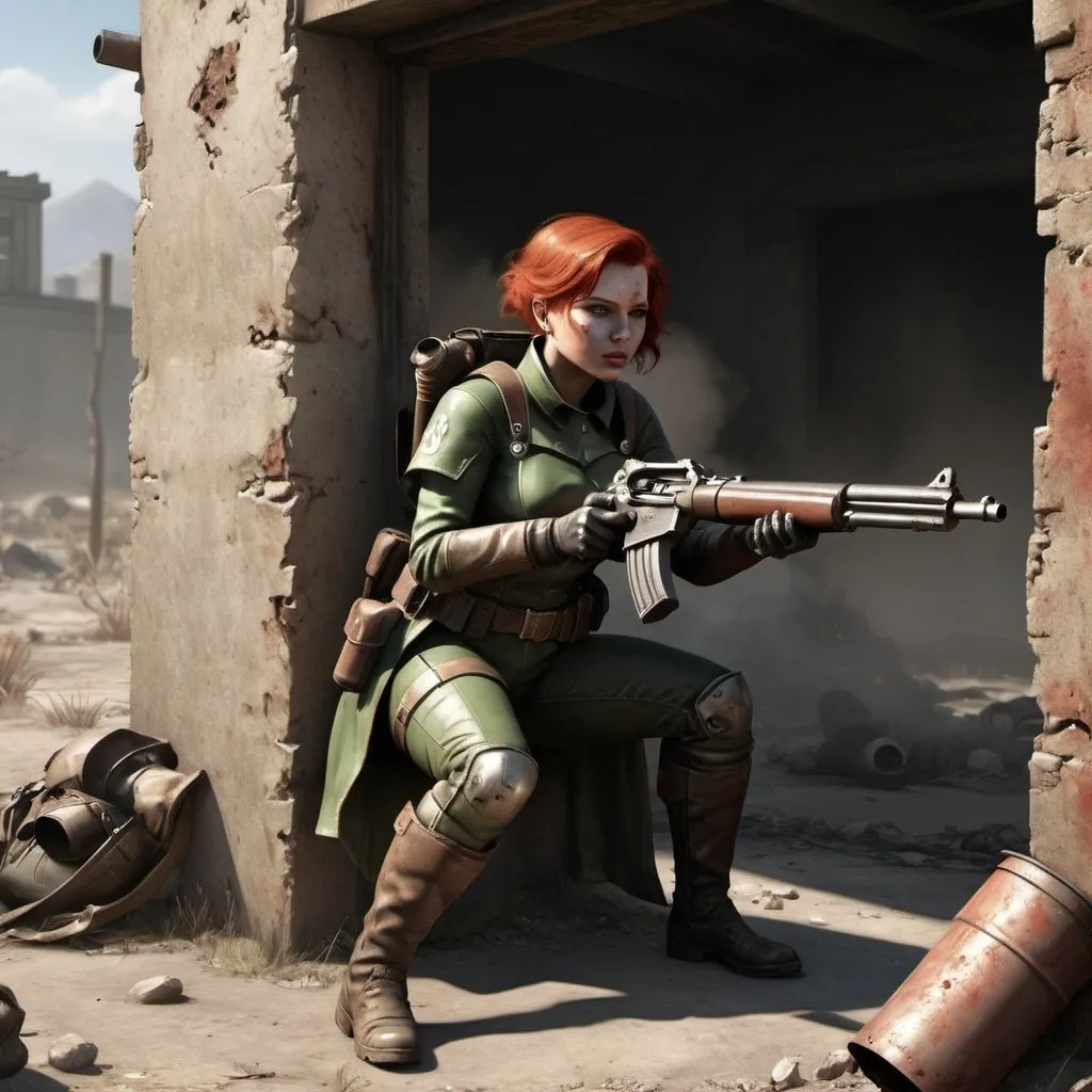 Prompt: Fallout NCR Ranger on a batlefield taking cover behind wall under heavy fire. Defending a redhead female damsel in distress.