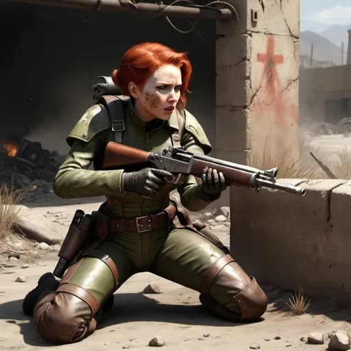 Prompt: Fallout NCR Ranger on a batlefield taking cover behind wall under heavy fire. Defending a redhead female damsel in distress.