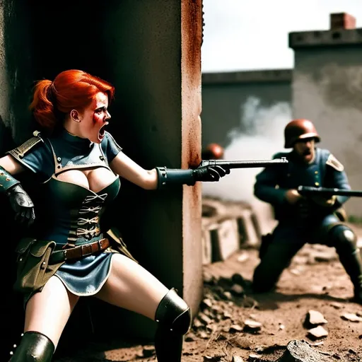 Prompt: Fallout Cesars Legion on a batlefield taking cover behind wall under heavy fire. Defending a redhead female damsel in distress.