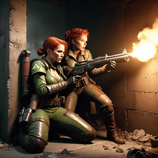 Prompt: Fallout NCR Ranger on a batlefield taking cover behind wall under heavy fire. Defending a redhead female damsel in distress.
