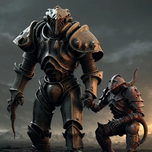 Prompt: Power armor Knight fighting a Dethclaw in the fallout wasteland with a number 13 etched on his armor. 