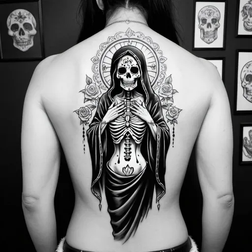 Prompt: santa muerte back tatto black and white