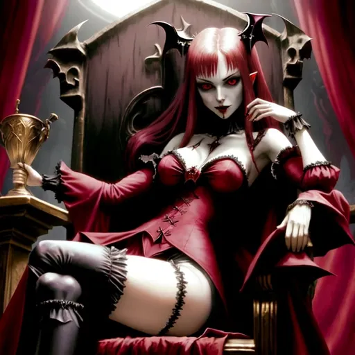 Prompt: Readhead vampire mistress on a throne with a blood chalice.