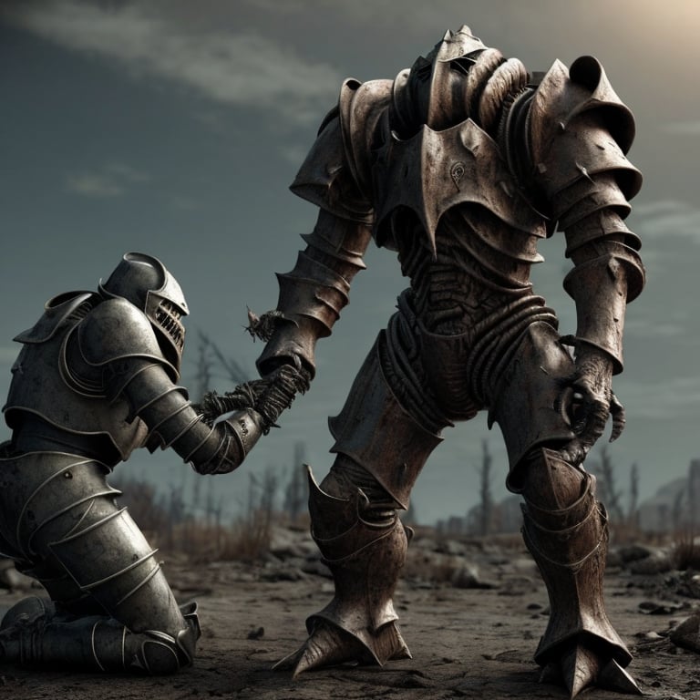 Prompt: Power armor Knight fighting a Dethclaw in the fallout wasteland with a number 13 etched on his armor. 