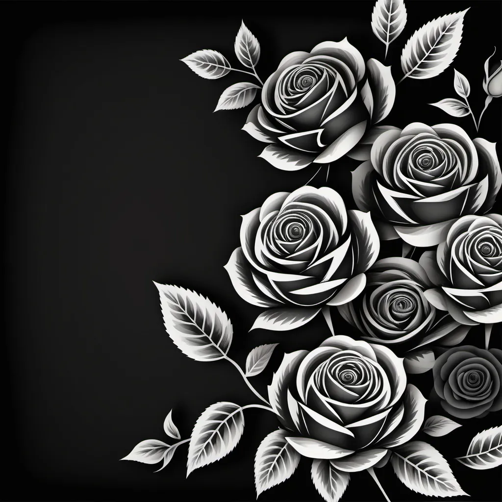 Prompt: black background on a paper texture, with clipart style roses, black color scheme